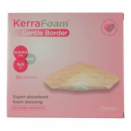 Kerrafoam Gentle Border Foam Dressing 5 X 5 Inch With Border Film Backing Silicone Adhesive Square Sterile, 100PK CWL1013